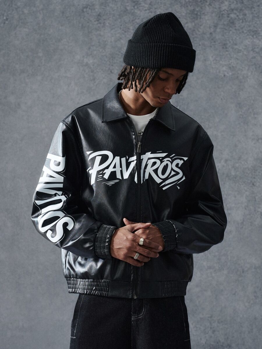 PAVTROS Jaket Kulit PU Pria dengan Resleting Motif Teks untuk Musim Gugur/Dingin - Hitam - View 1