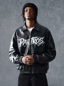 PAVTROS Men's Autumn/Winter Text Zipper PU Leather Jacket - Black - View 1