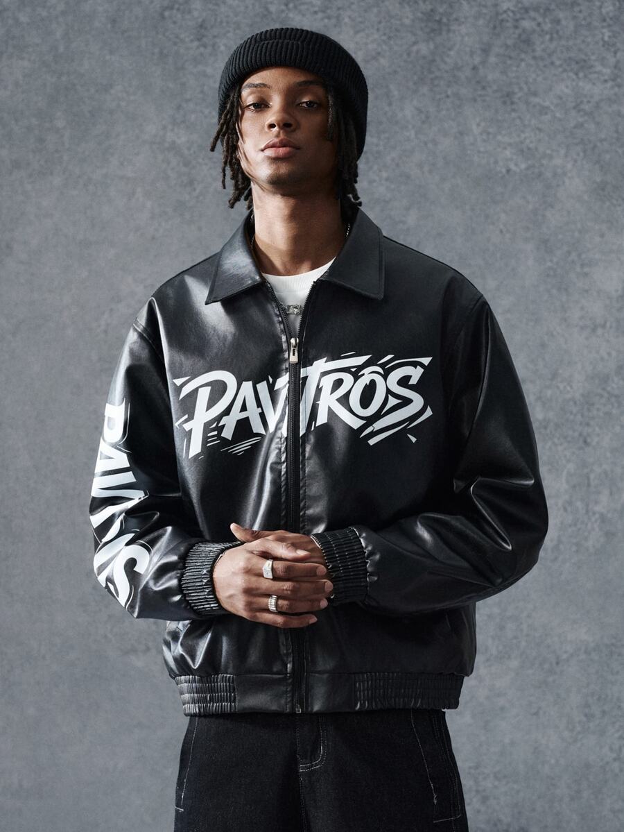 PAVTROS Men's Autumn/Winter Text Zipper PU Leather Jacket - Black - View 1
