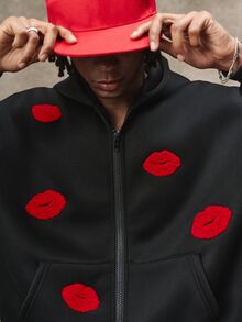 PAVTROS Men's Young Lip Embroidery Sweatshirt Hoodie Sweatshirt Date Night Rave Black Autumn Streetwear - Black - View 6