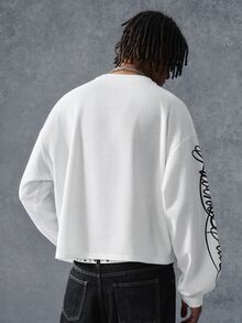 PAVTROS Men Letter Graphic Drop Shoulder Sweatshirt Holiday Beach White And Black Autumn Streetwear - White - View 2