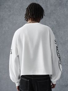 PAVTROS Men Letter Graphic Drop Shoulder Sweatshirt Holiday Beach White And Black Autumn Streetwear - White - View 8