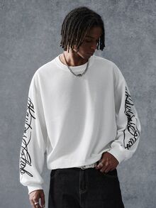 PAVTROS Men Letter Graphic Drop Shoulder Sweatshirt Holiday Beach White And Black Autumn Streetwear - White - View 1