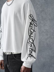 PAVTROS Men Letter Graphic Drop Shoulder Sweatshirt Holiday Beach White And Black Autumn Streetwear - White - View 7