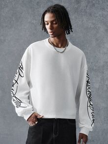 PAVTROS Men Letter Graphic Drop Shoulder Sweatshirt Holiday Beach White And Black Autumn Streetwear - White - View 4