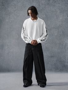 PAVTROS Men Letter Graphic Drop Shoulder Sweatshirt Holiday Beach White And Black Autumn Streetwear - White - View 3