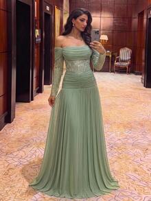 Aureia Vestido formal de malla con hombros descubiertos y fruncido - Verde - Ver 4