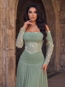 Aureia Vestido formal de malla con hombros descubiertos y fruncido - Verde - Ver 5