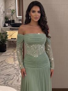 Aureia Vestido formal de malla con hombros descubiertos y fruncido - Verde - Ver 1