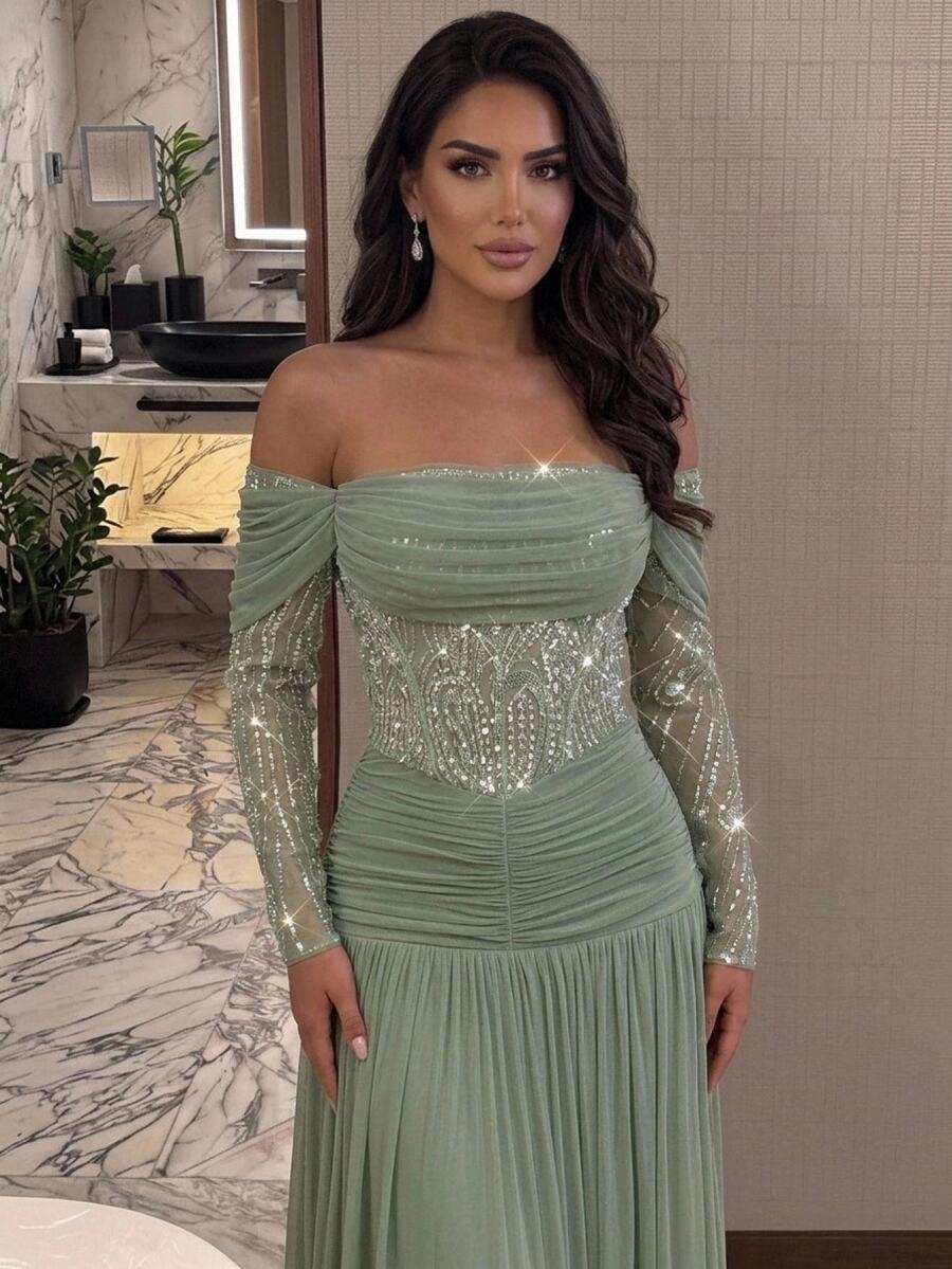 Aureia Vestido formal de malla con hombros descubiertos y fruncido - Verde - Ver 1