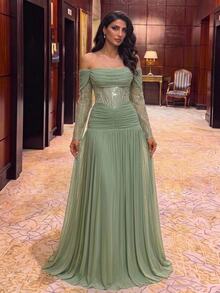 Aureia Vestido formal de malla con hombros descubiertos y fruncido - Verde - Ver 2