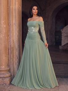 Aureia Vestido formal de malla con hombros descubiertos y fruncido - Verde - Ver 6