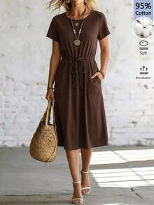 EMERY ROSE 95 Cotton Women's Casual Basic Drawstring Waist Midi Dress Picnic Everyday Vacation Brown Summer - Coffee - View 2