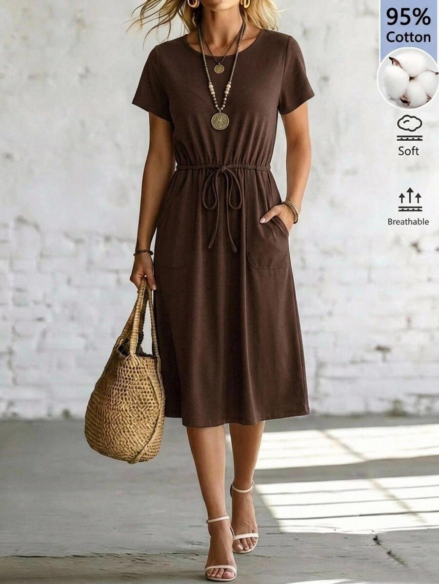 Rusticease 95 Cotton Women's Casual Basic Drawstring Waist Midi Dress Picnic Everyday Vacation Brown Summer Versatile Basics - Coffee - View 1