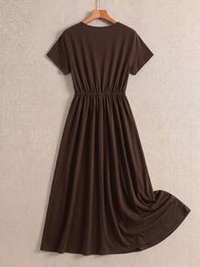 EMERY ROSE 95 Cotton Women's Casual Basic Drawstring Waist Midi Dress Picnic Everyday Vacation Brown Summer - Coffee - View 3