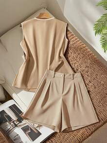 GlowEve Women's Sleeveless Solid Color Shirt, Fashionable For Summer - Khaki - View 2