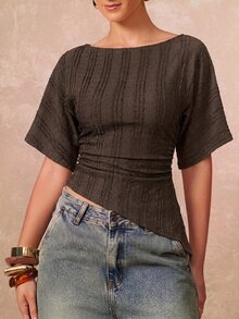 Lumalex Women's Boat Neck Short Sleeve Ruched Waist Asymmetrical Ruffle Hem T-Shirt - Coffee Brown - View 7