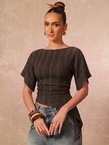 Lumalex Women's Boat Neck Short Sleeve Ruched Waist Asymmetrical Ruffle Hem T-Shirt - Coffee Brown - View 8