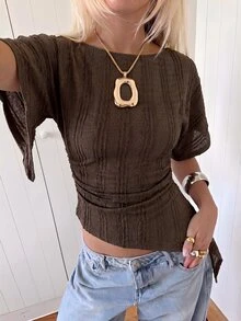Lumalex Women's Boat Neck Short Sleeve Ruched Waist Asymmetrical Ruffle Hem T-Shirt - Coffee Brown - View 10