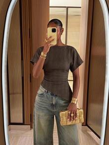 Lumalex Women's Boat Neck Short Sleeve Ruched Waist Asymmetrical Ruffle Hem T-Shirt - Coffee Brown - View 5
