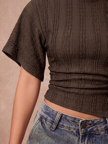 Lumalex Women's Boat Neck Short Sleeve Ruched Waist Asymmetrical Ruffle Hem T-Shirt - Coffee Brown - View 9