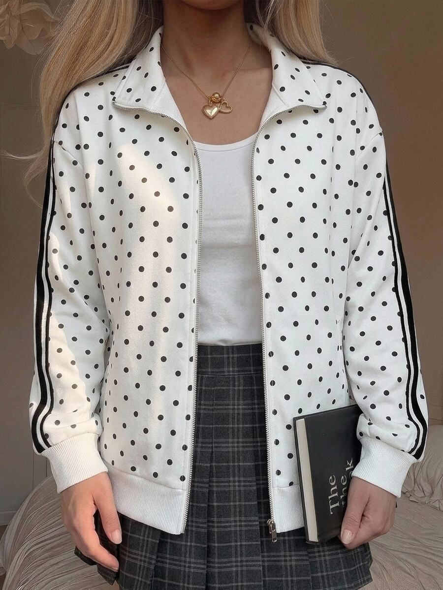SHEIN 青少年女孩針織波點拼接緞帶領寬鬆休閒夾克 - 白色 - 查看 1