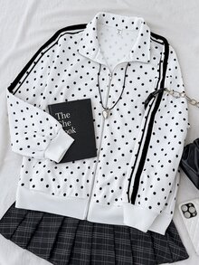 SHEIN 青少年女孩針織波點拼接緞帶領寬鬆休閒夾克 - 白色 - 查看 6