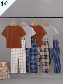 SHEIN Boys' Dark Gray Cute Bear Pattern Short Sleeve Top And All-Over Plaid Pants Casual 2 Pieces Loungewear Set - Multicolor - View 2