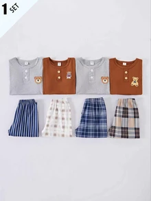 SHEIN Boys' Dark Gray Cute Bear Pattern Short Sleeve Top And All-Over Plaid Pants Casual 2 Pieces Loungewear Set - Multicolor - View 3
