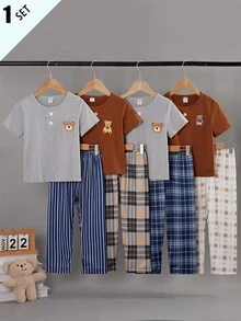 SHEIN Boys' Dark Gray Cute Bear Pattern Short Sleeve Top And All-Over Plaid Pants Casual 2 Pieces Loungewear Set - Multicolor - View 1