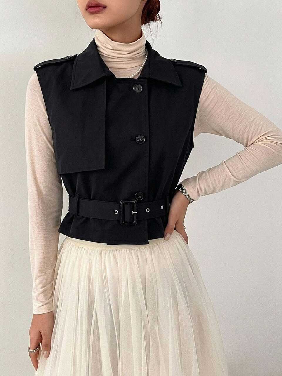 Women's Sleeveless Black Solid Color Zipper Slim Fit Casual Versatile Lightweight Vest Jacket Fall