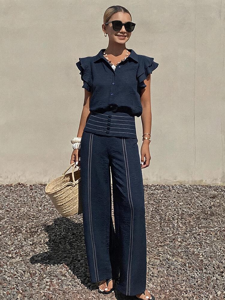 Livesso Women's 2 Pieces Set With V-Neck Ruffle Flutter Sleeve Top And Casual Long Pants For Summer Vacation, Commute And Office Wear - Navy Blue - View 5
