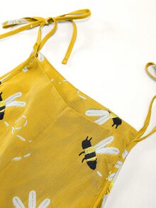 Linhara 大尺碼女款花卉印花休閒日常出遊細肩帶連身褲 - 黃色 - 查看 4