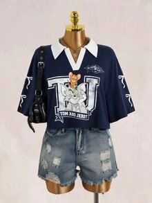 TOM & JERRY X SHEIN 女款字母卡通印花短袖休閒寬鬆版型T恤 - 藍色 - 查看 8