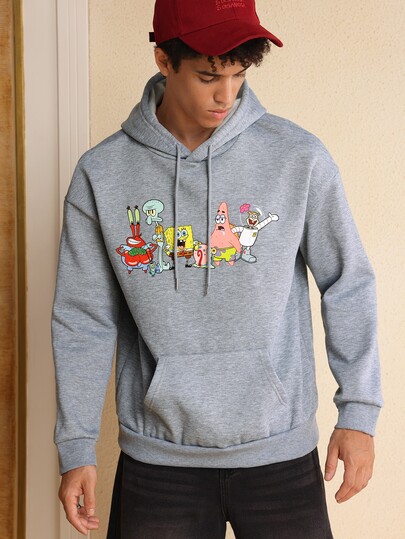 SpongeBob SquarePants | SHEIN Men's Casual Cartoon Pattern Kangaroo Pocket Drawstring Hoodie, Autumn