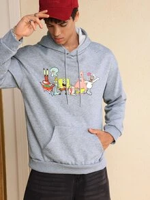 SpongeBob SquarePants | SHEIN هودي كاجوال للرجال بجيب كنغر وسحاب، بنمط كرتوني، موسم الخريف - رمادي فاتح - مشاهدة 4