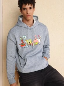 SpongeBob SquarePants | SHEIN هودي كاجوال للرجال بجيب كنغر وسحاب، بنمط كرتوني، موسم الخريف - رمادي فاتح - مشاهدة 6