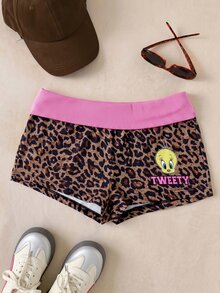 LOONEY TUNES X SHEIN 女款豹紋彈性腰內搭短褲 棕色 夏季可愛日常居家休閒服 度假瑜伽 Y2K - 彩色 - 查看 7