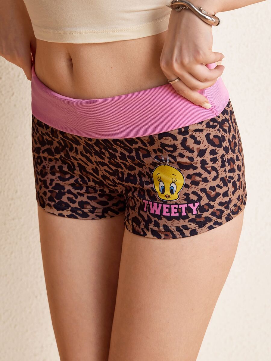 LOONEY TUNES X SHEIN 女款豹紋彈性腰內搭短褲 棕色 夏季可愛日常居家休閒服 度假瑜伽 Y2K - 彩色 - 查看 1