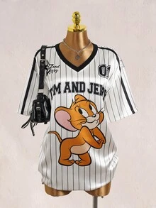 TOM & JERRY X SHEIN 女款條紋字母卡通印花休閒日常短洋裝 - 白色 - 查看 8