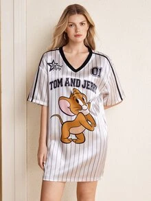 TOM & JERRY X SHEIN 女款條紋字母卡通印花休閒日常短洋裝 - 白色 - 查看 1