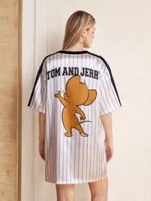 TOM & JERRY X SHEIN 女款條紋字母卡通印花休閒日常短洋裝 - 白色 - 查看 2