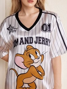 TOM & JERRY X SHEIN 女款條紋字母卡通印花休閒日常短洋裝 - 白色 - 查看 7