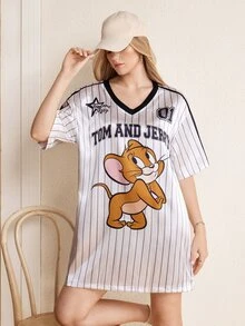 TOM & JERRY X SHEIN 女款條紋字母卡通印花休閒日常短洋裝 - 白色 - 查看 3