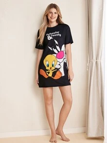 LOONEY TUNES X SHEIN 女款圓領短袖休閒睡裙 - 黑色 - 查看 5