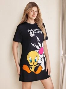 LOONEY TUNES X SHEIN 女款圓領短袖休閒睡裙 - 黑色 - 查看 3