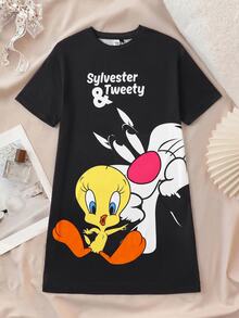 LOONEY TUNES X SHEIN 女款圓領短袖休閒睡裙 - 黑色 - 查看 6