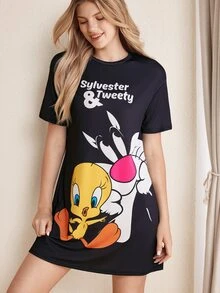 LOONEY TUNES X SHEIN 女款圓領短袖休閒睡裙 - 黑色 - 查看 4