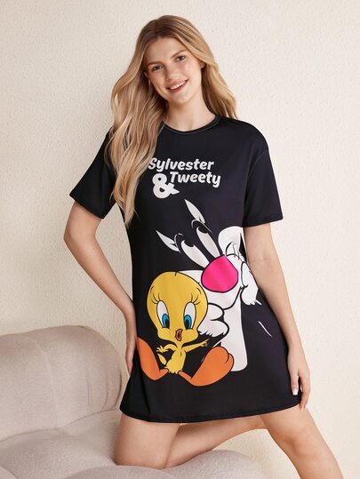 LOONEY TUNES X SHEIN 女士圆领短袖休闲睡裙 LOONEY TUNES