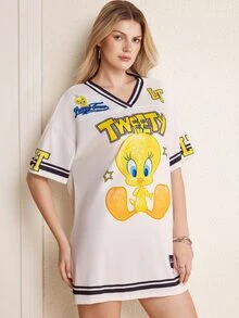 LOONEY TUNES X SHEIN Women's Letter Print V-Neck Short Sleeve Short Dress - White - View 4